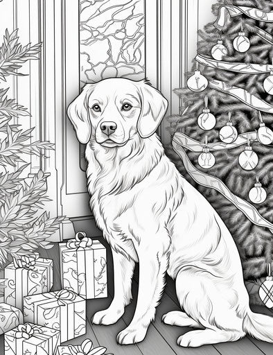 Christmas coloring page with dog near tree, whimsical cat style