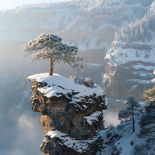 Nature's solitude: lone pine tree on snowy mountain bluff