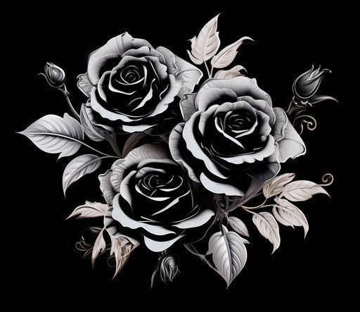 Black and white rose tattoo art in film noir style