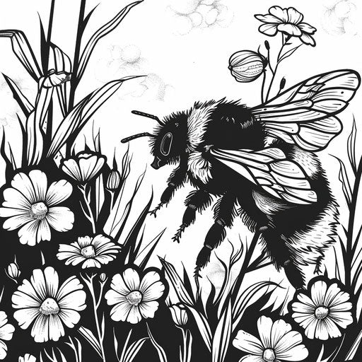 Minimalist monochrome bumble bee scene with stark contrasts