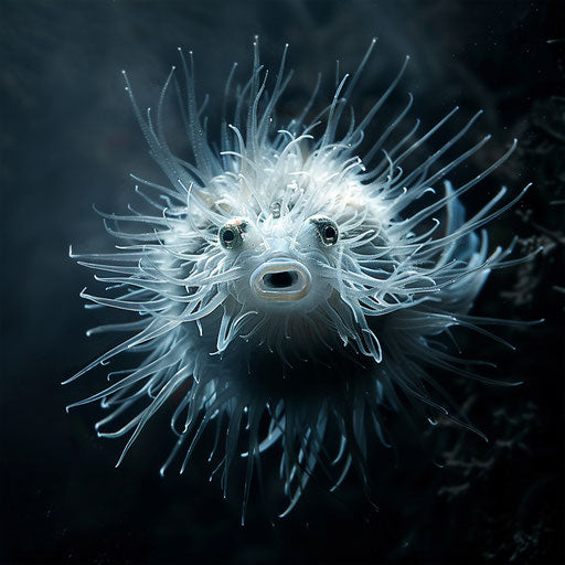 Puffer fish in a dramatic high-contrast underwater scene
