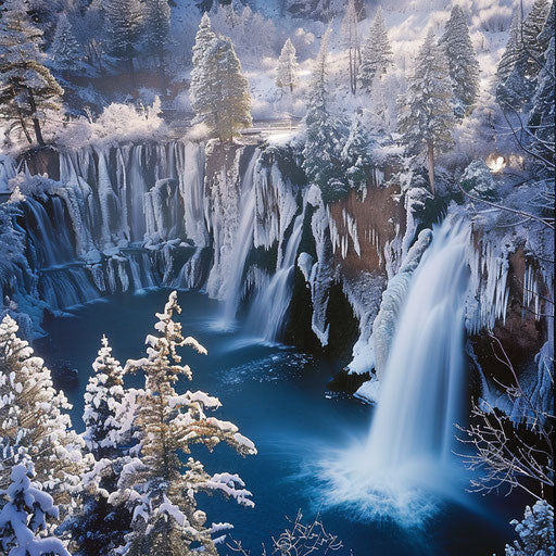 Burney Falls in winter with icy surroundings