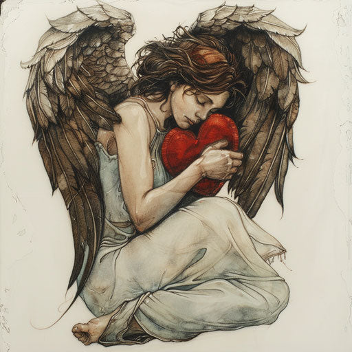 Ethereal guardian holding heart with feathered wings on white canvas