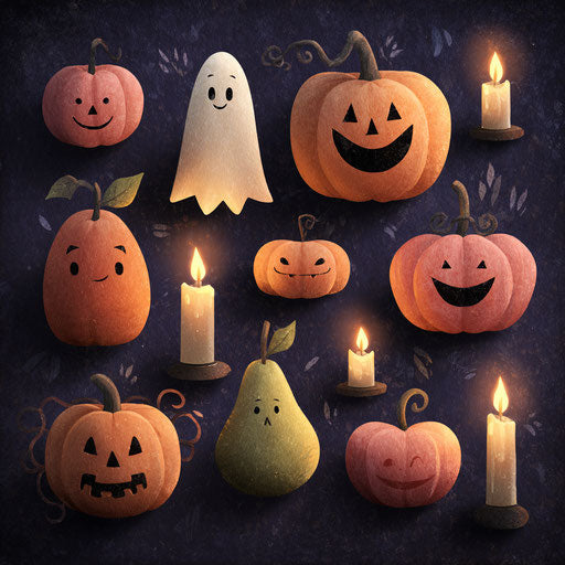 Ghosts, pumpkins, and candles in a whimsical setting