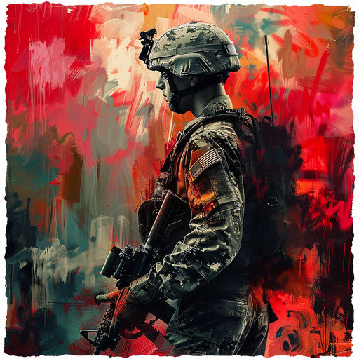 Soldier illustration in photo realistic style with a flat random background, vibrant tones and enhanced clarity