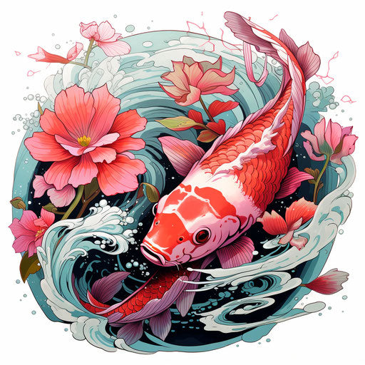 Tropical flower with koi fish, graphic illustration