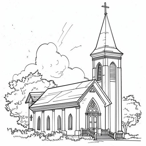 Bold outline of a church with a tall steeple. Coloring book page