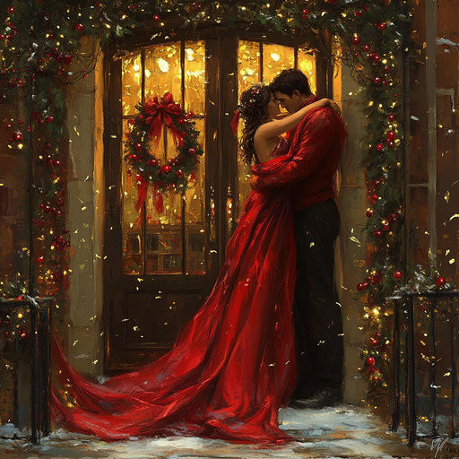 An intimate moment on mistletoe-adorned porch, draped in a single, luxurious red scarf.