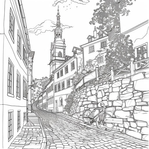 Historical city center with cobblestone streets. Coloring book page