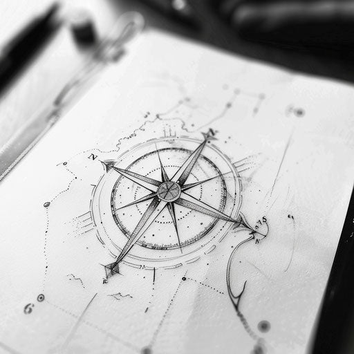 Adventurous flat tattoo sketch of the North Star with compass and map details in a travel theme
