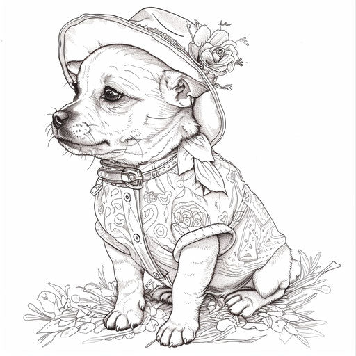 Stylish puppy in Megan Hess-inspired outfit, Coloring book