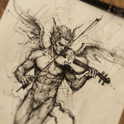 Vibrant tattooed sketch of Lucifer playing violin