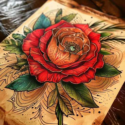 Rustic tattoo sketch of a red rose with woodcut patterns and natural green accents