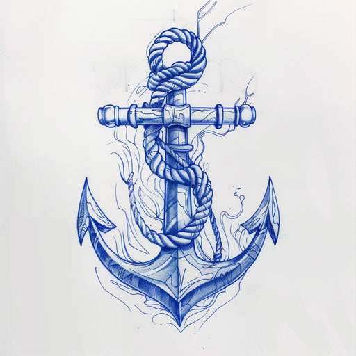 Nautical clipart style tattoo sketch of an anchor entwined with rope, navy blue outlines