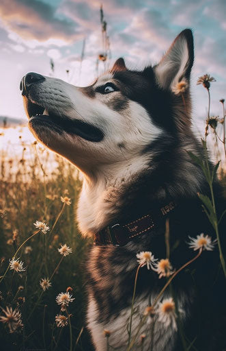 Dog in a field smelling a flower, close-up image detail