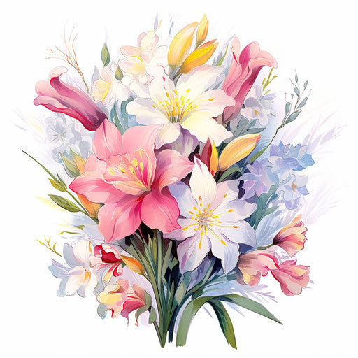 Spring flowers illustration in the style of oil painting, on white background