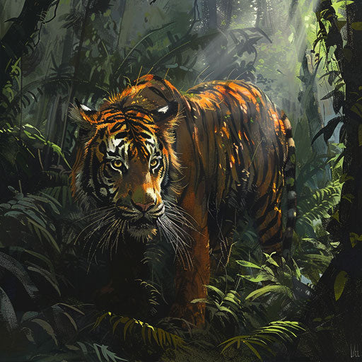 Striking contrast of the Sunda tiger's orange and black fur against the deep greens of the rainforest, highlighted by a shaft of sunlight.