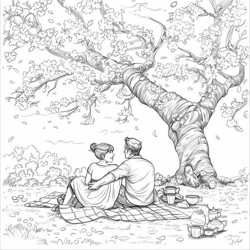 Family picnic under a blossoming cherry tree