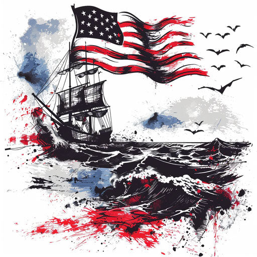 National flag waving above sea scene, patriotic sketch