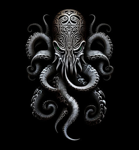 Tribal octopus tattoo in black-white, graphic art, maori
