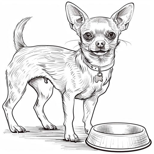 A Chihuahua waiting for dinner near a dog bowl