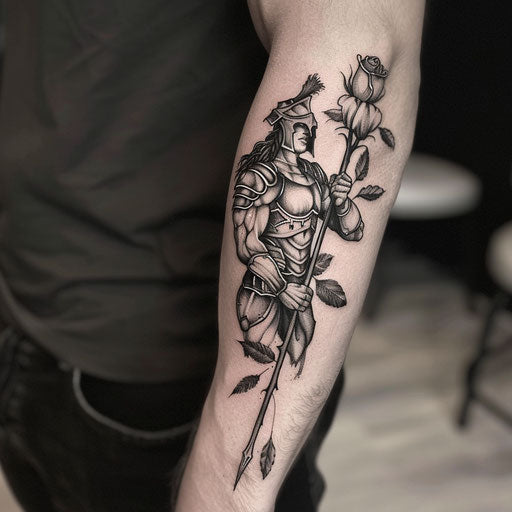 Rose tattoos for men in the style of David Palumbo with a warrior holding a rose