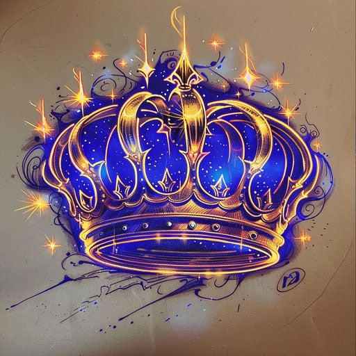 Flat tattoo sketch of a neon crown with royal blue and gold light effects
