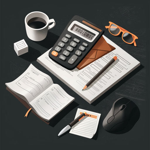 Accounting clipart rendered in a realistic style on a flat, dark charcoal background, accentuating dramatic contrast and intricate detail