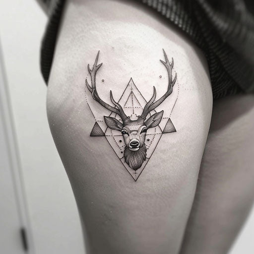 Intricate geometric deer tattoo in black and gray on white