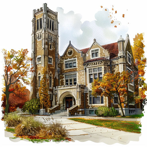 Realistic university clipart on flat white background, vibrant colors