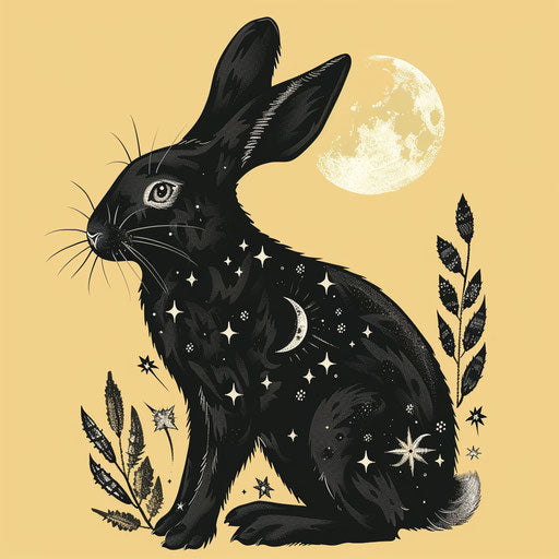 Black rabbit with celestial moon patterns