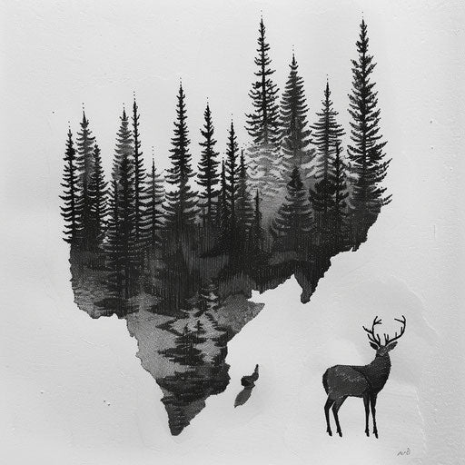 Hidden deer silhouette in detailed blackwork forest scene
