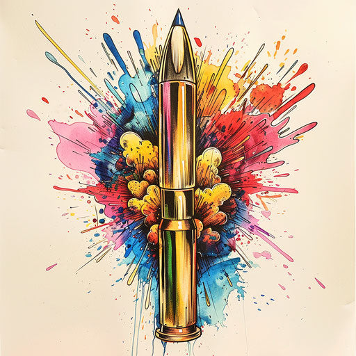 Vibrant flat tattoo sketch of a bullet with colorful explosion