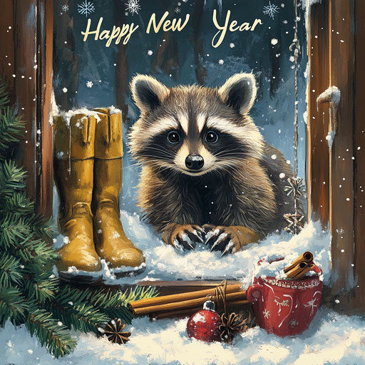 Raccoon in snowy Christmas window