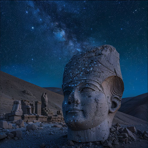 Mount Nemrut under a starry night sky, in the style of Leszek Bujnowski