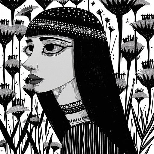 Egyptian style art in black and white, light purple and light indigo