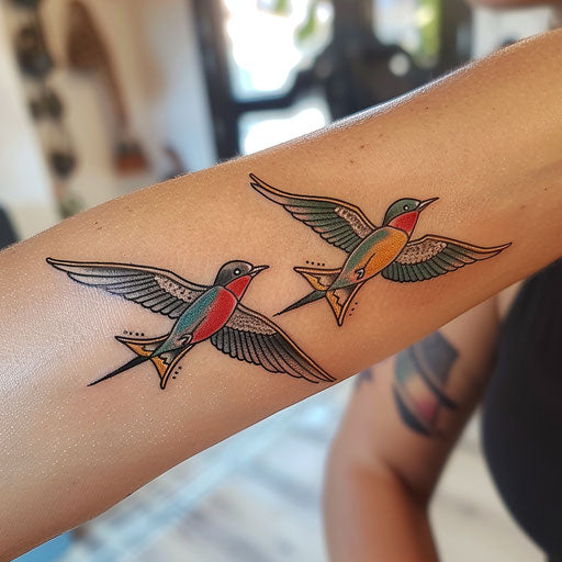 Matching best friend tattoos in the style of Ed Hardy with classic swallows in flight
