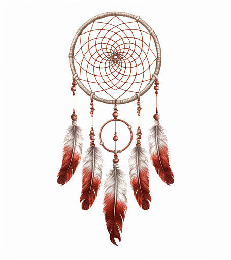 Indian dream catcher with feathers on white background, maroon style