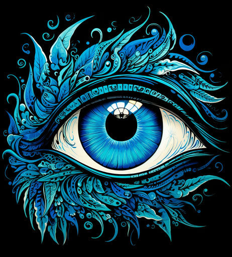 Blue eye in ancient shamanistic god style, light turquoise, floralpunk