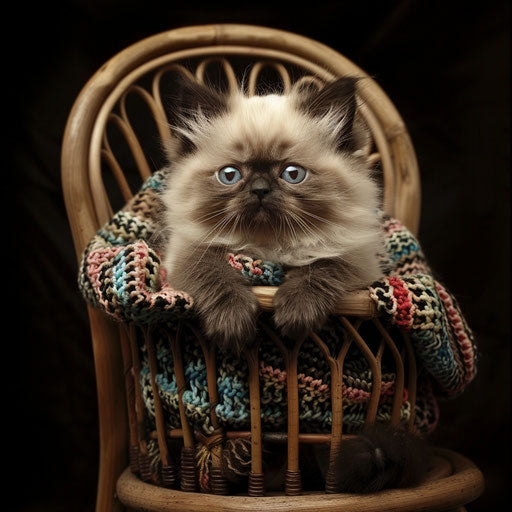 Himalayan kitten in sweet sweater, sitting in wicker chair