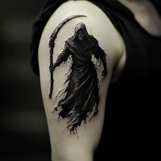 Men's upper arm tattoos featuring a grim reaper with scythe