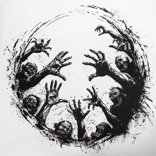 Zombie apocalypse, undead hands reaching out, horror tattoo concept on white backdrop