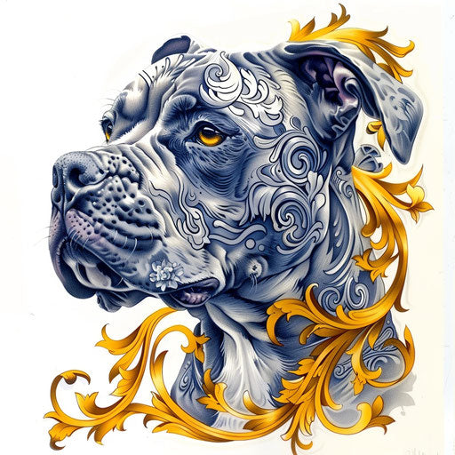 Ornate pitbull tattoo with baroque details on white background