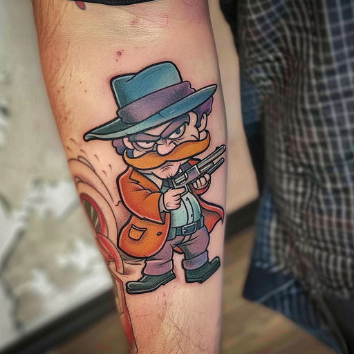 Whimsical gangster tattoo featuring cartoon mobster on white