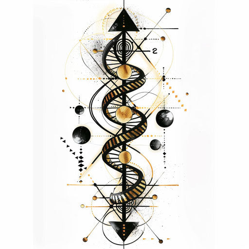 Art deco DNA tattoo sketch in clipart style with gold and black geometric shapes
