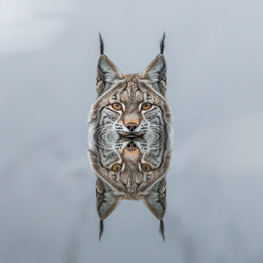 Lynx reflection in clear, calm pond