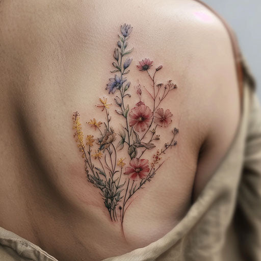 Vintage wildflower tattoo, muted colors, aged look, nostalgic feel