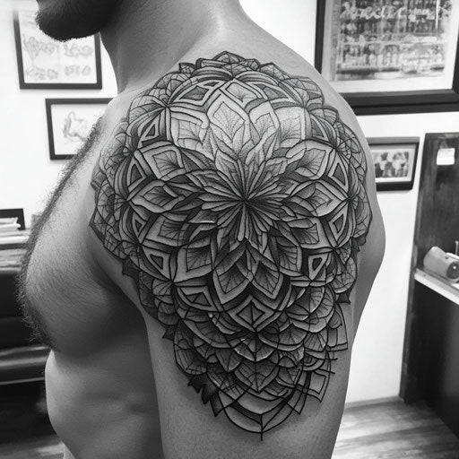 Men's mandala tattoo with intricate web-like patterns
