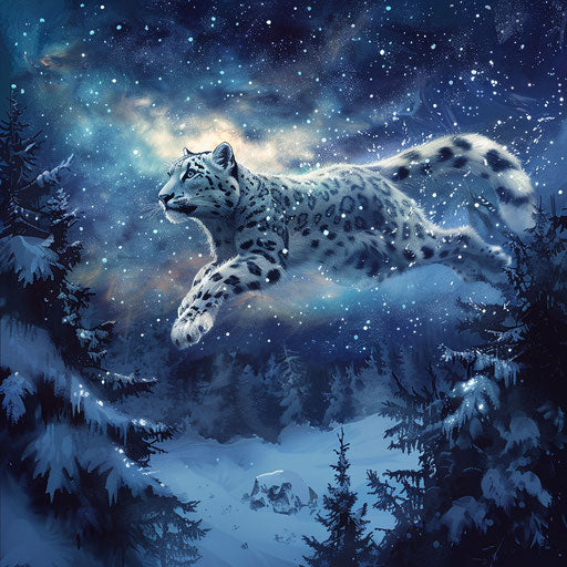 Magical snow leopard with feathers gliding over snow forest