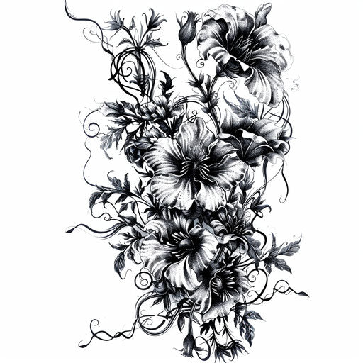 Gothic floral tattoo, dark and intricate, contrasting with white